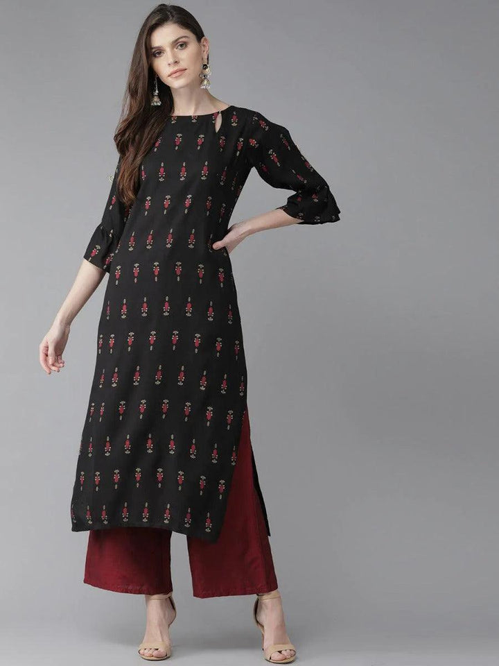 Black Printed Rayon Kurta - ShopLibas