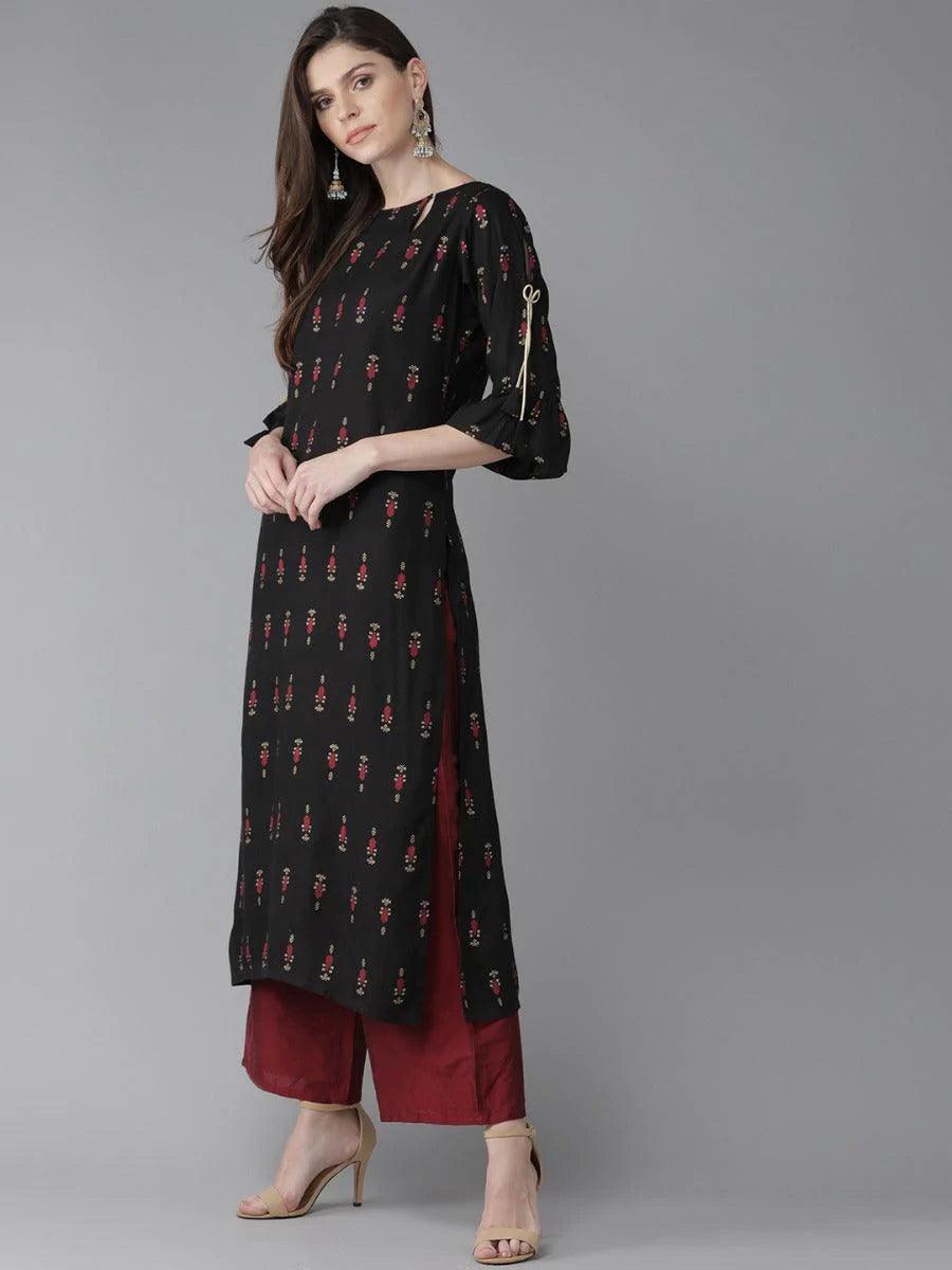 Black Printed Rayon Kurta - ShopLibas