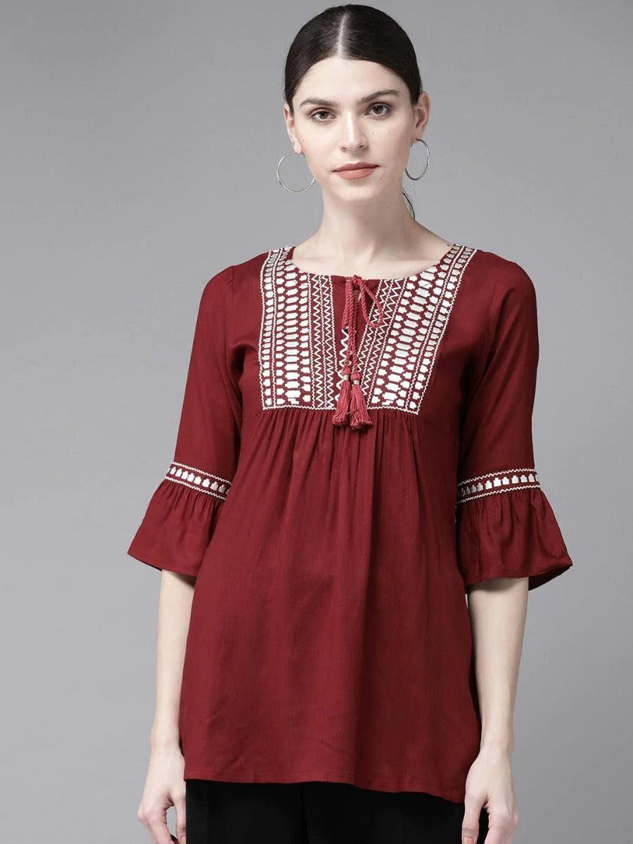 Maroon Embroidered Rayon Kurti - ShopLibas