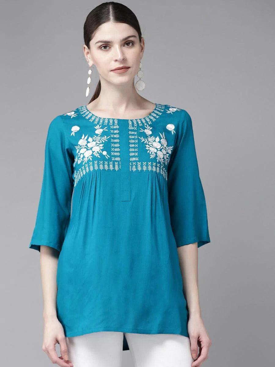 Blue Embroidered Rayon Kurti - ShopLibas