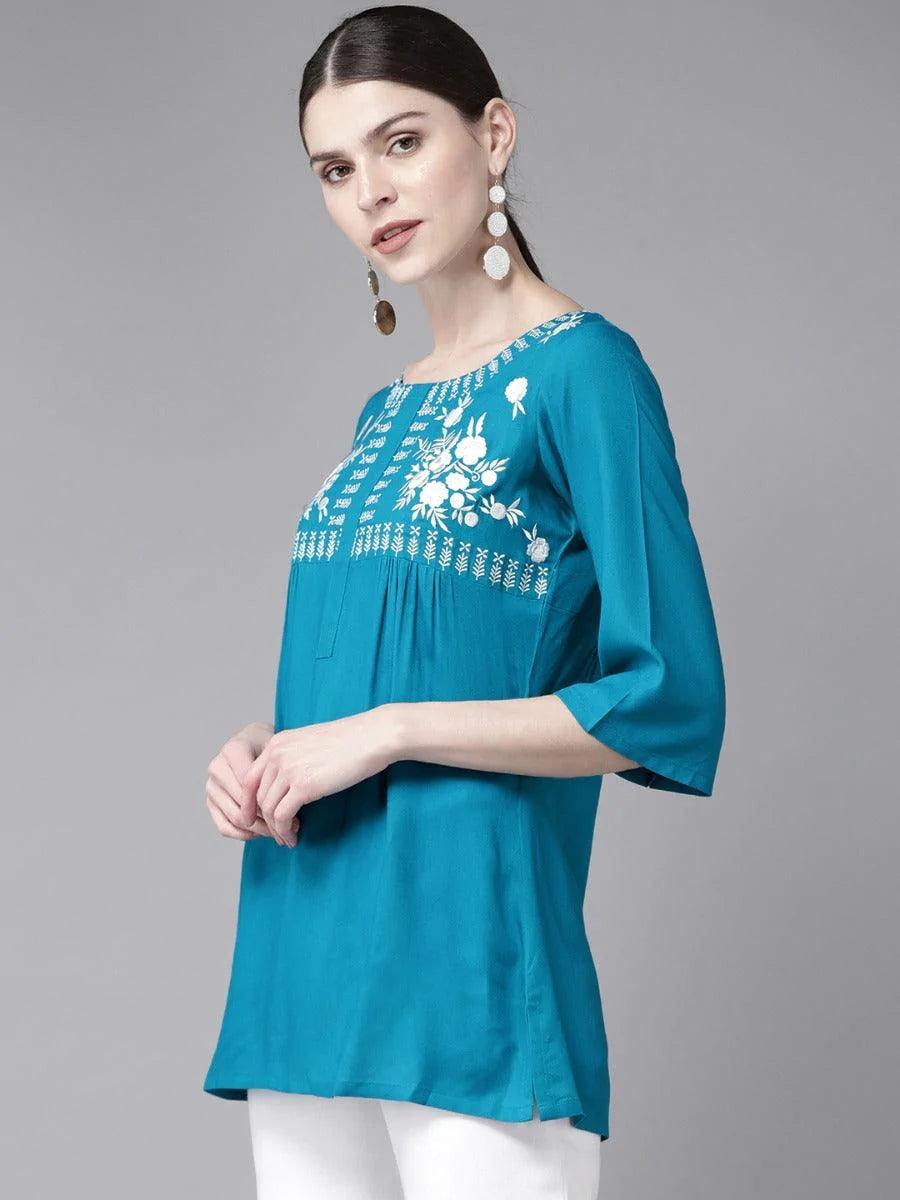 Blue Embroidered Rayon Kurti - ShopLibas