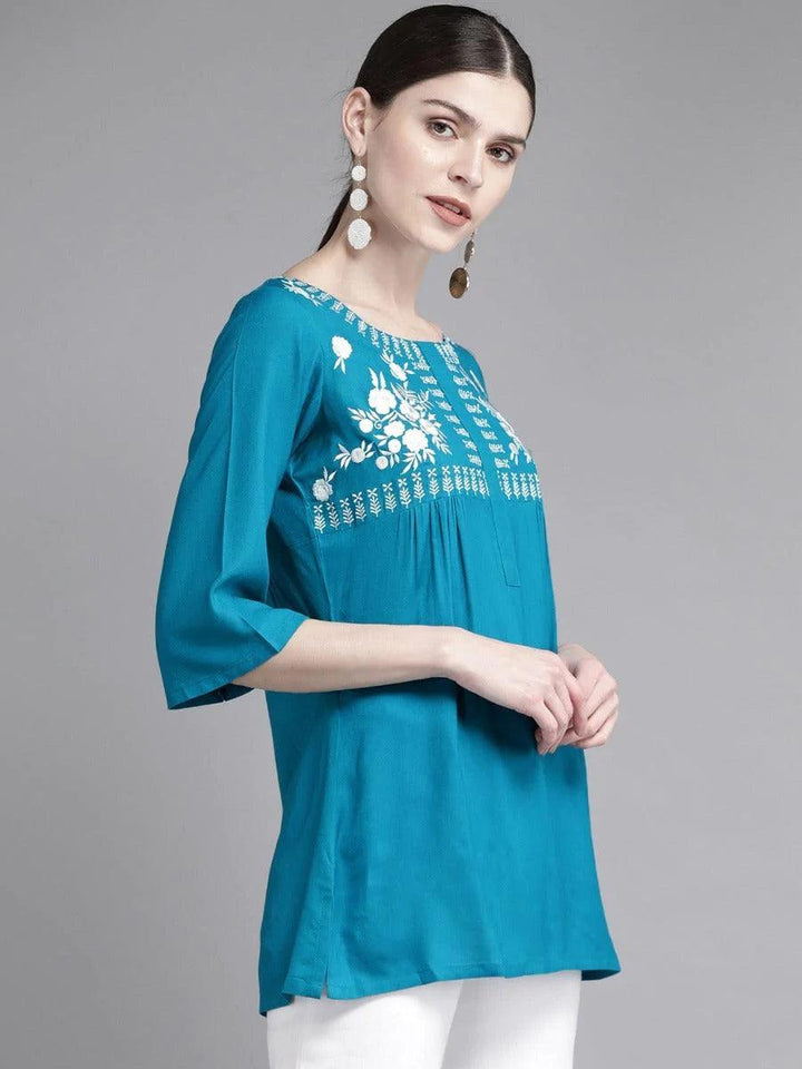 Blue Embroidered Rayon Kurti - ShopLibas