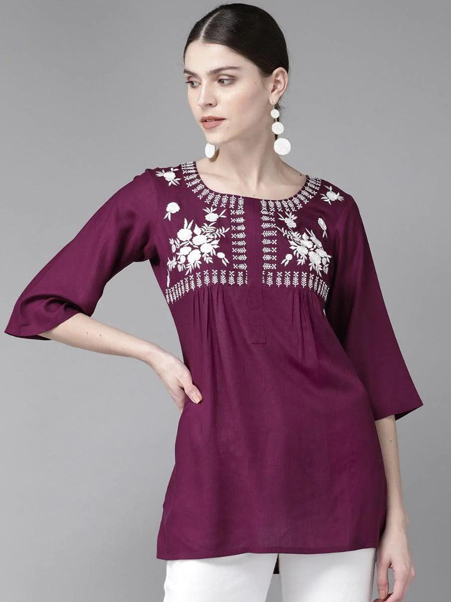 Purple Embroidered Rayon Kurti - ShopLibas