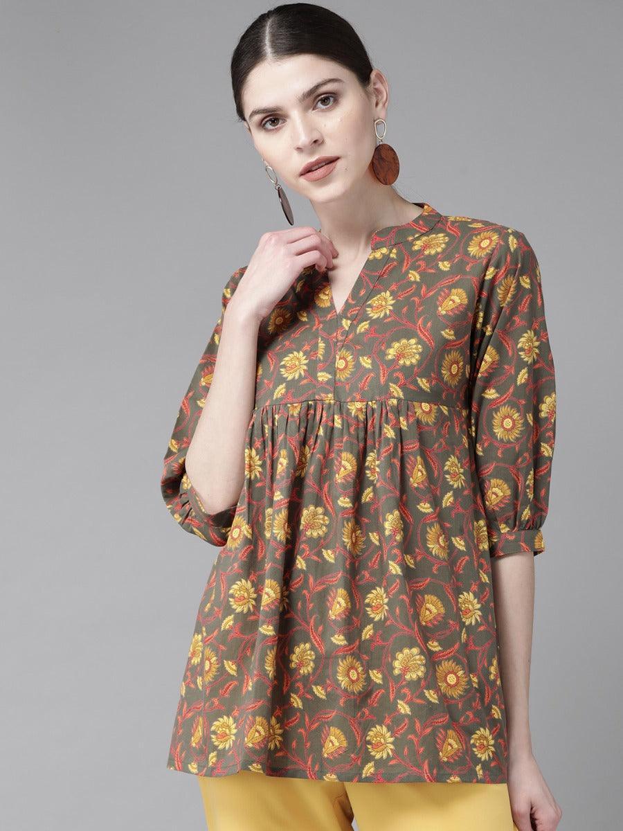 Taupe Printed Cotton Kurti - ShopLibas