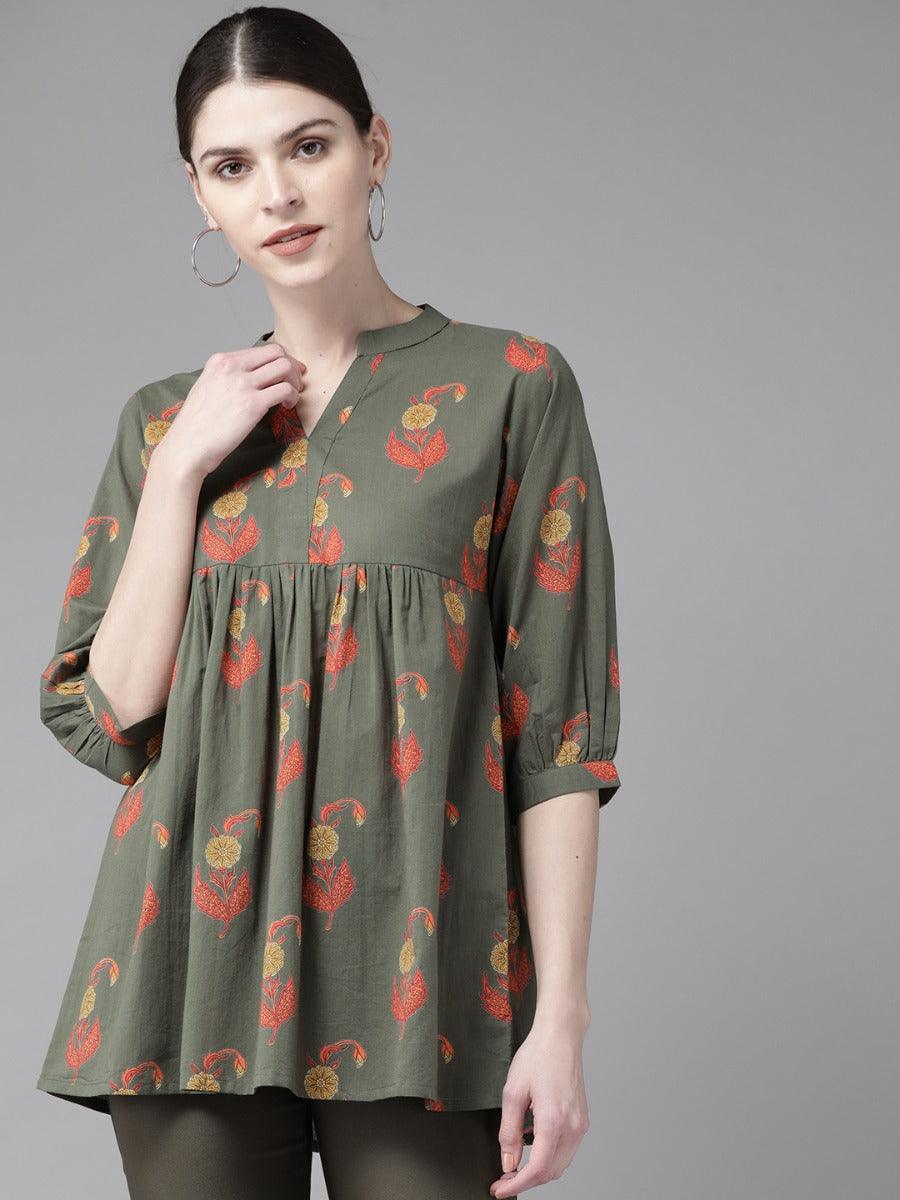 Olive Green Printed Cotton Kurti