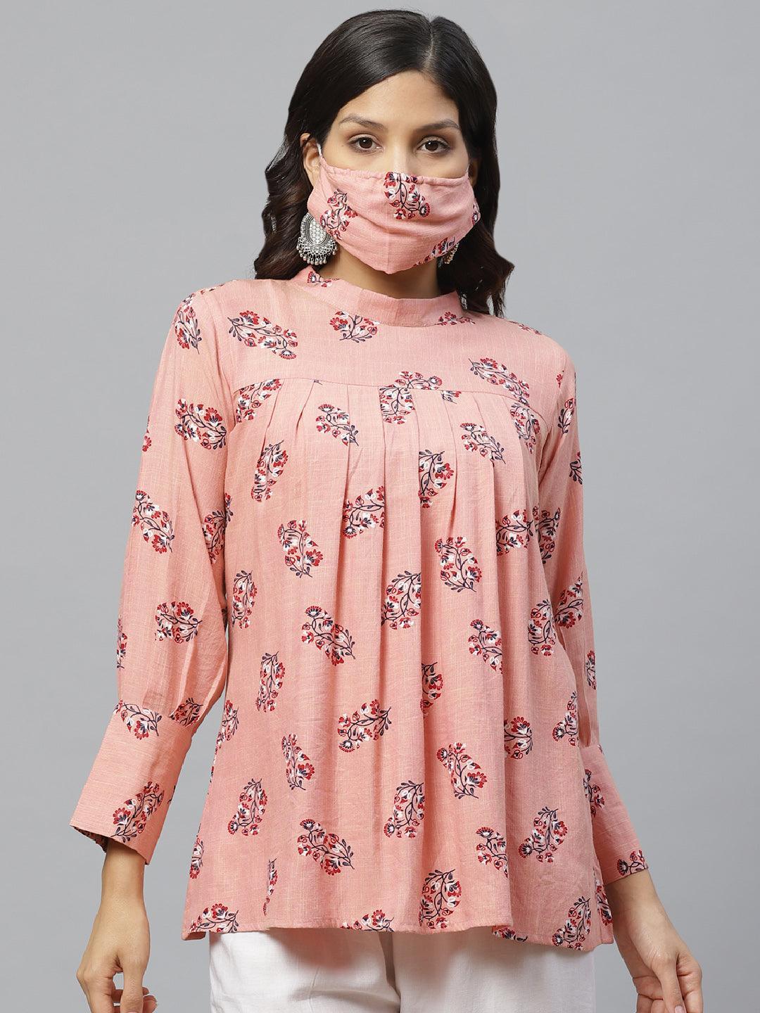 Pink Printed Rayon Kurti With Mask