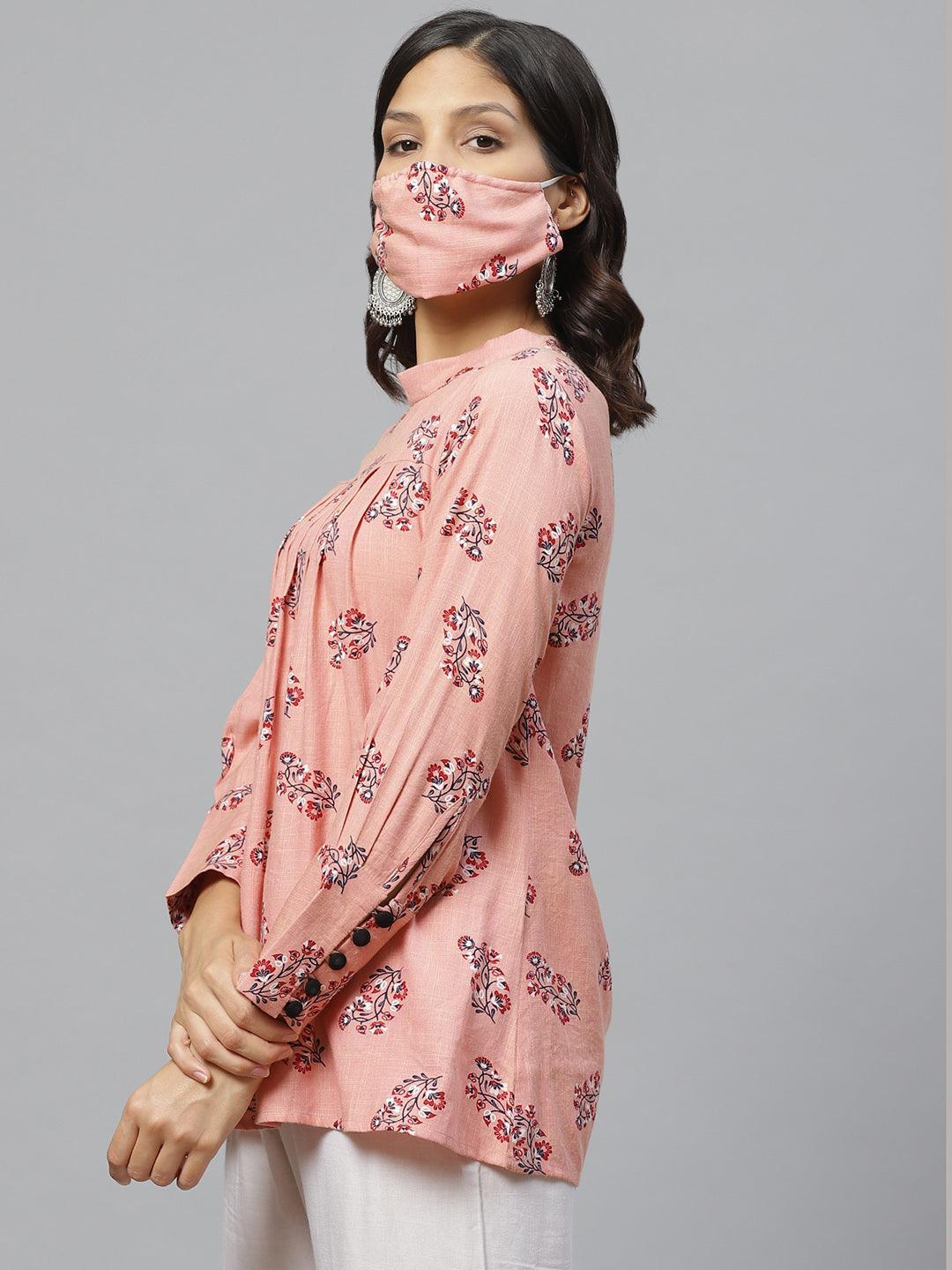 Pink Printed Rayon Kurti With Mask