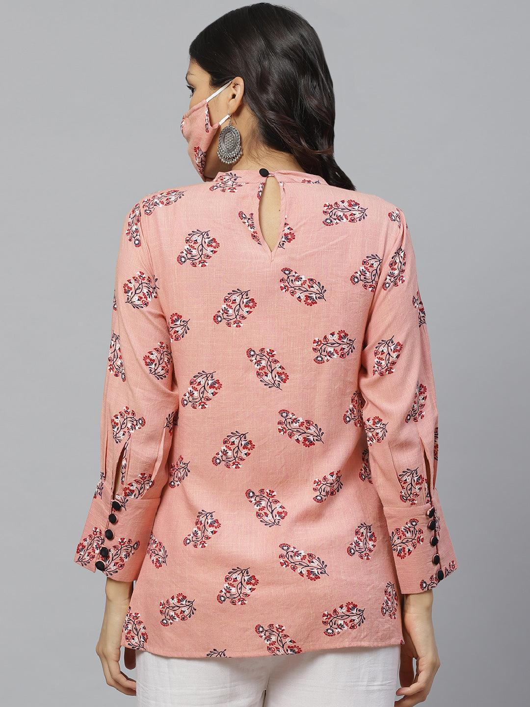 Pink Printed Rayon Kurti With Mask