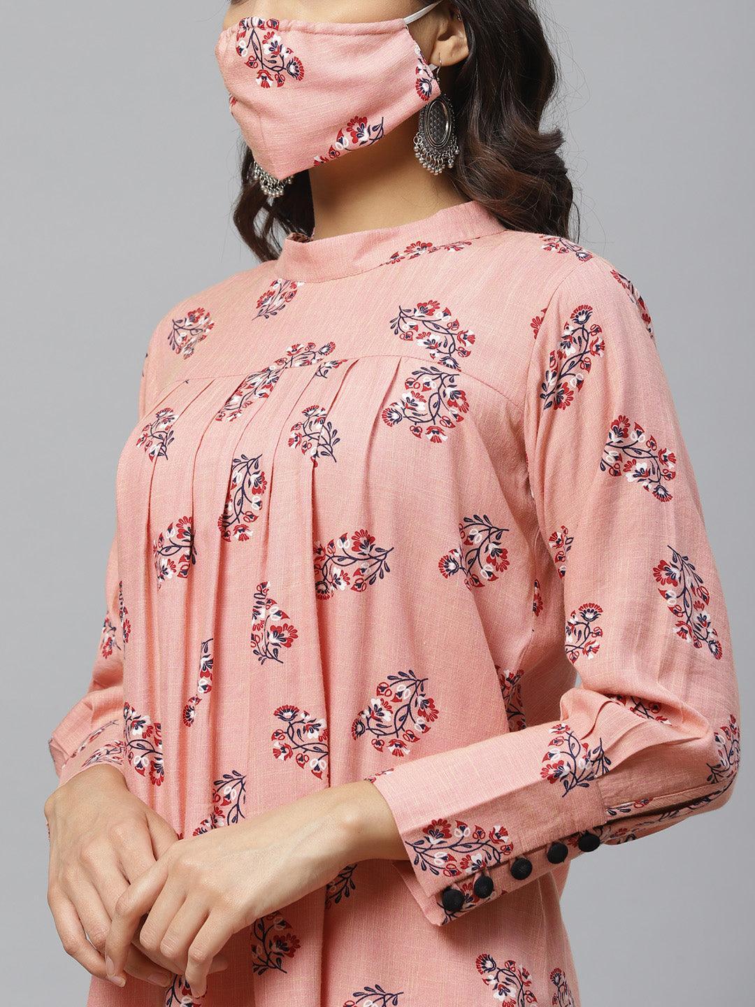 Pink Printed Rayon Kurti With Mask