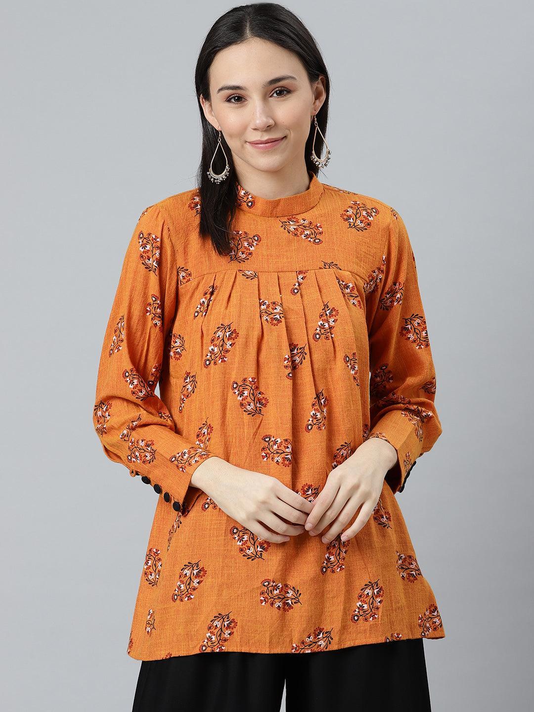 Orange Printed Rayon Kurti