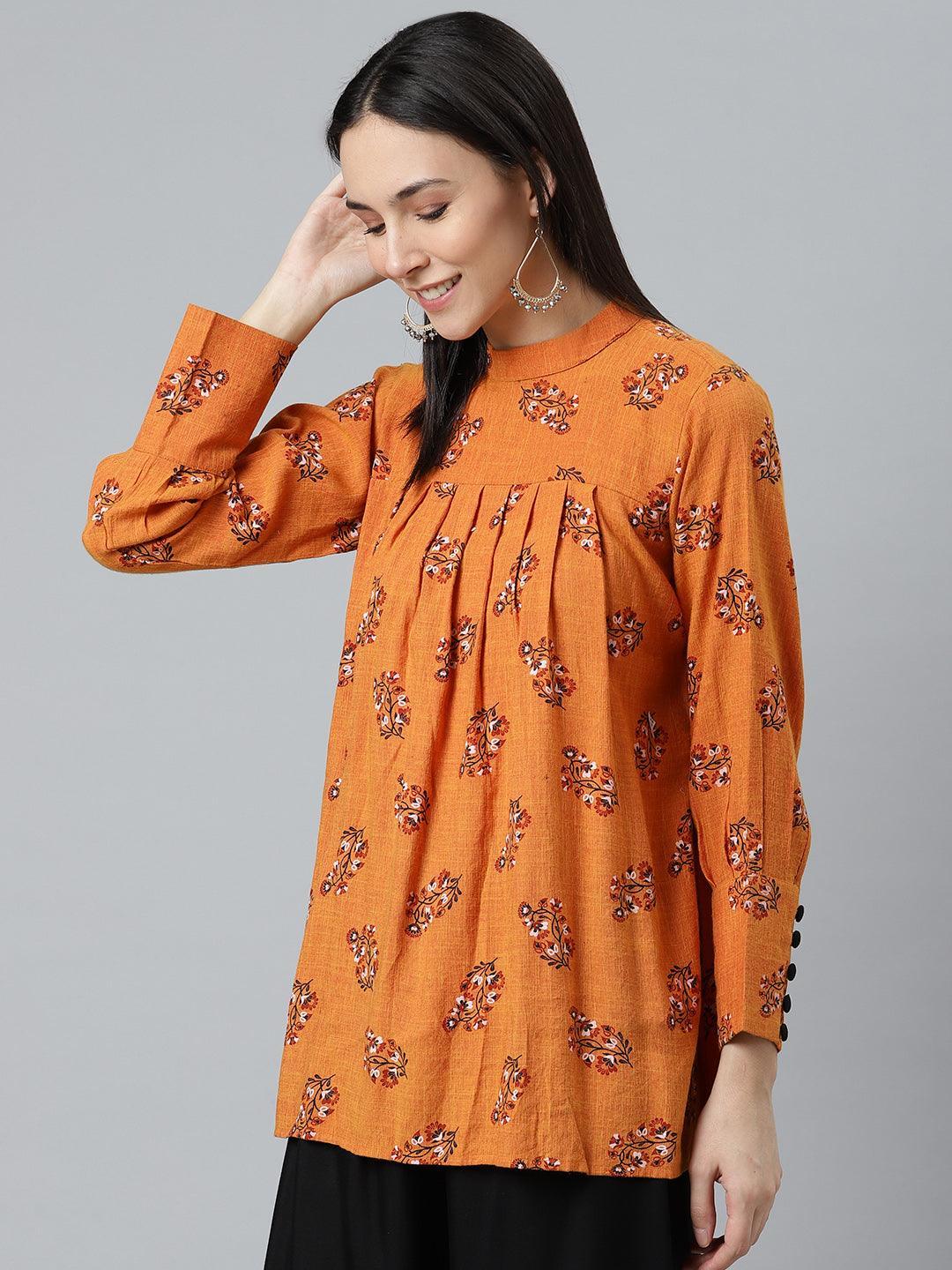 Orange Printed Rayon Kurti