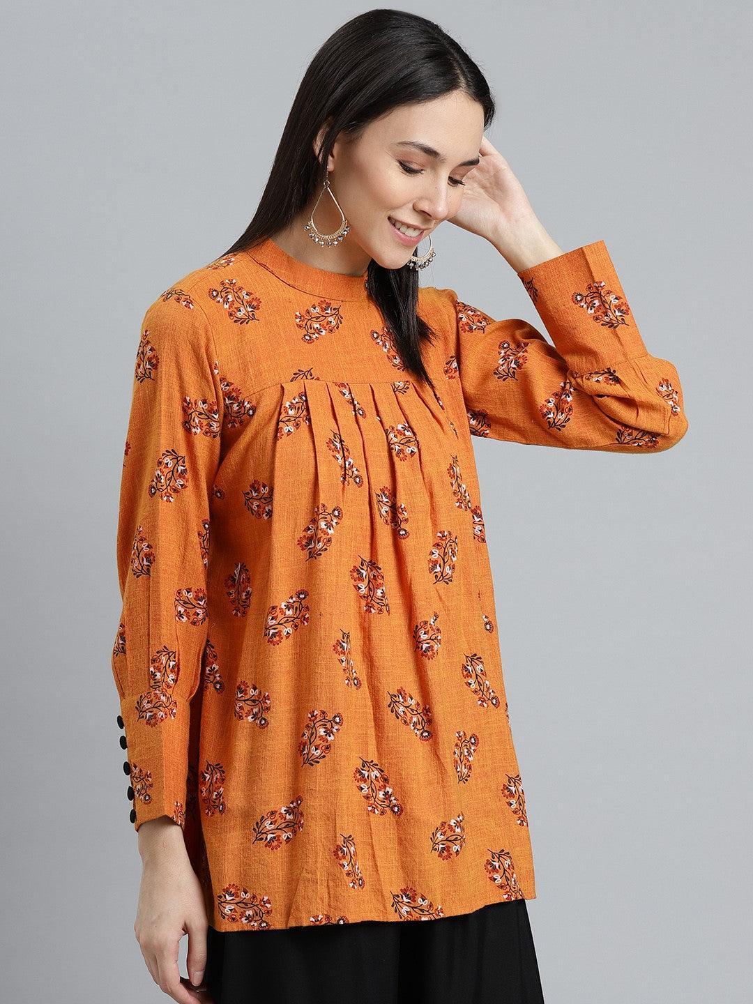 Orange Printed Rayon Kurti