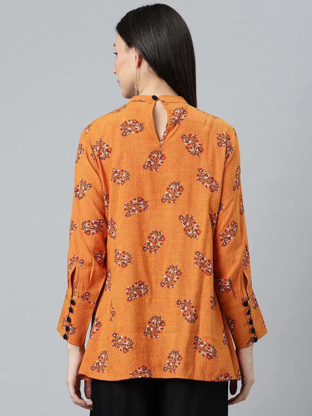 Orange Printed Rayon Kurti