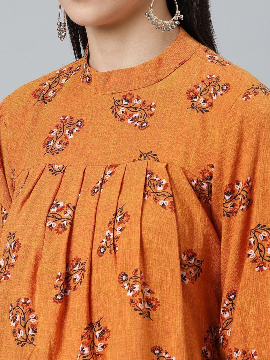 Orange Printed Rayon Kurti