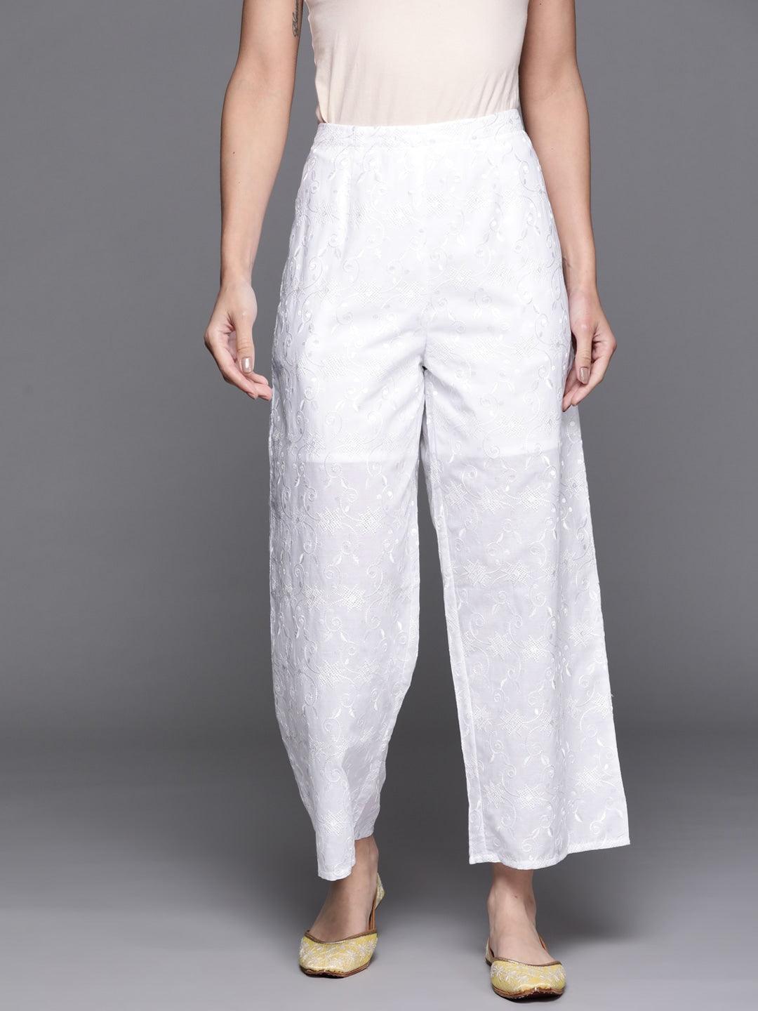 White Embroidered Cotton Palazzos