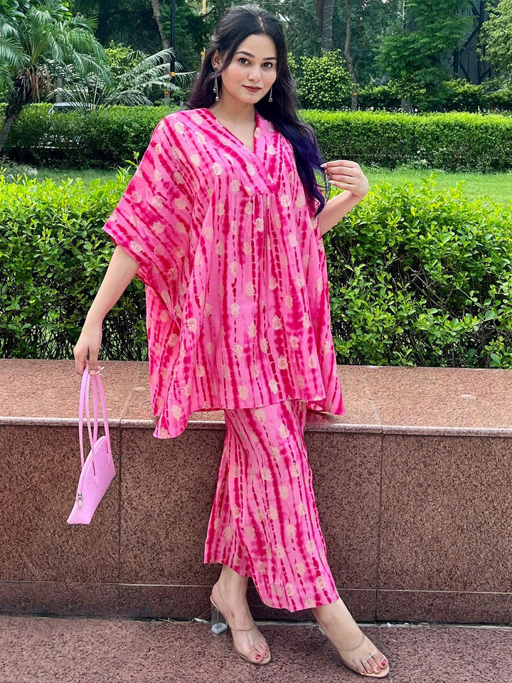 Pink Dyed Silk Blend Kaftan Kurta Set With Palazzos - ShopLibas