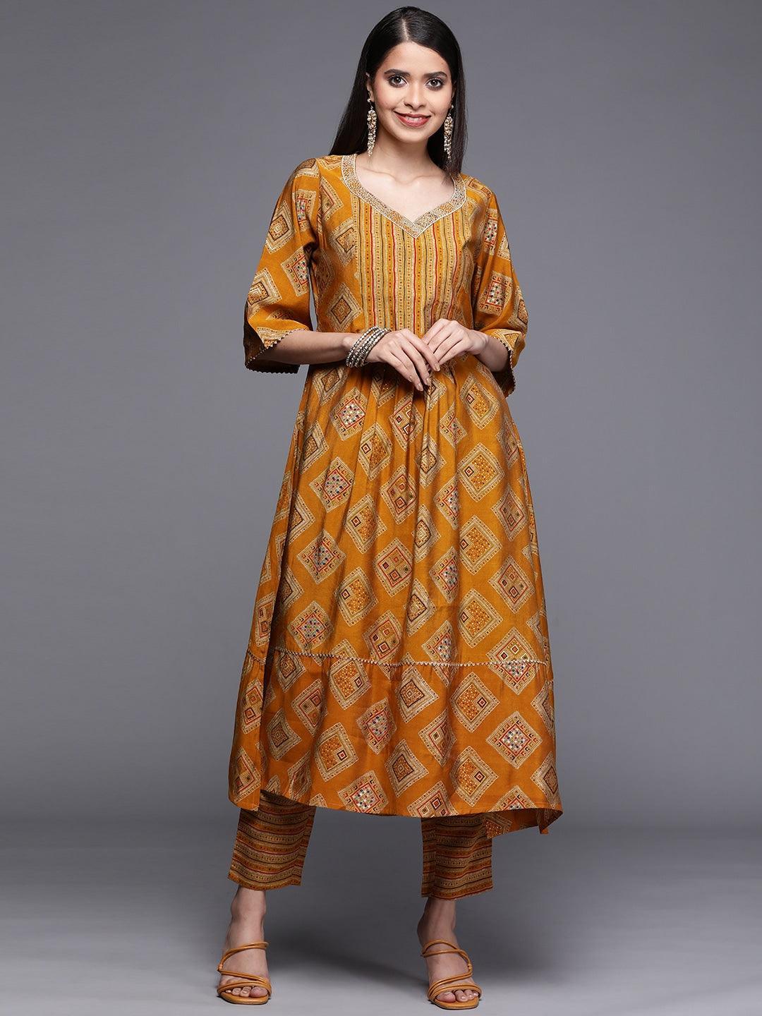 Yellow Printed Chanderi Silk Kurta - ShopLibas