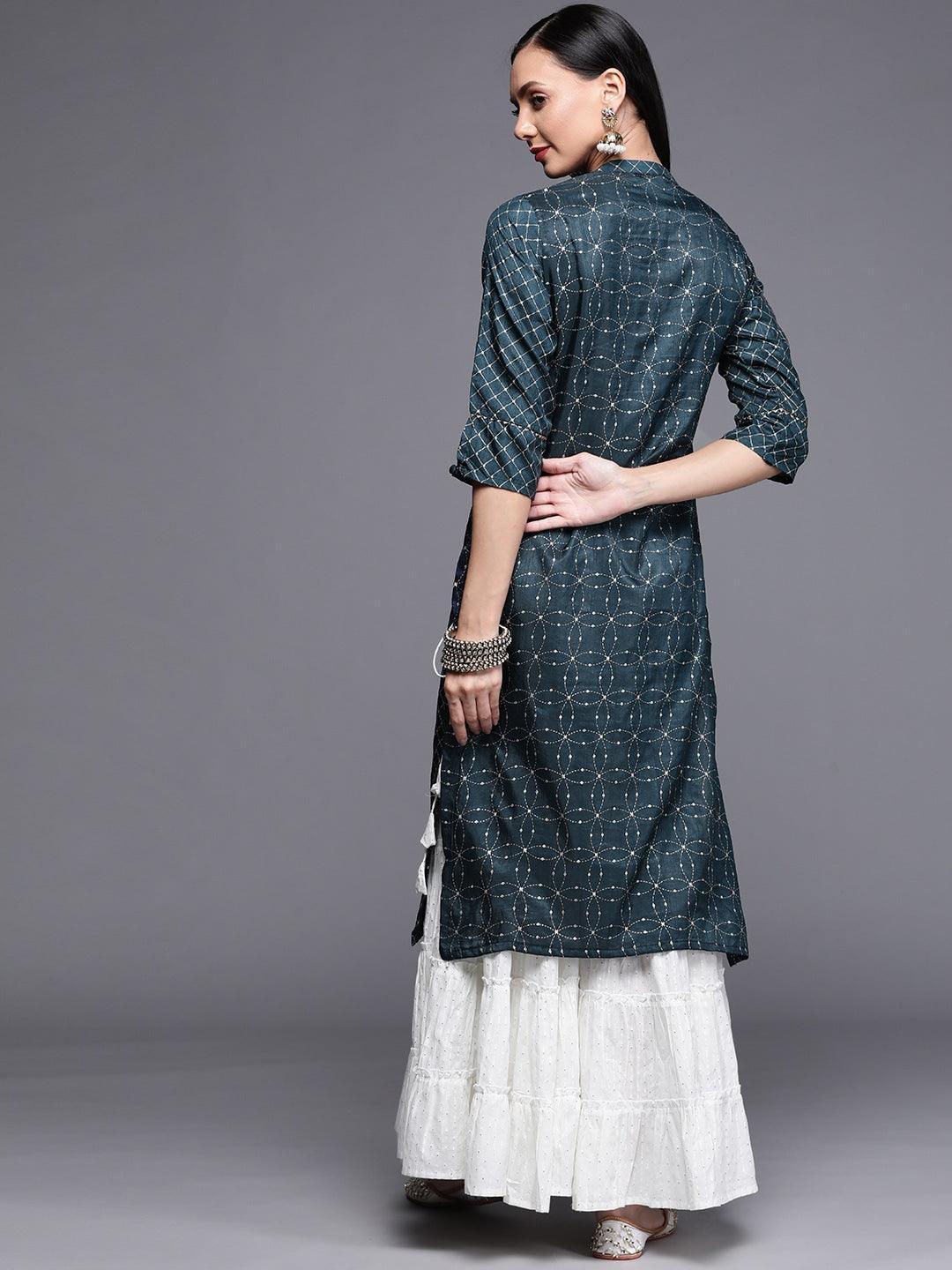 Blue Printed Chanderi Silk Kurta - ShopLibas