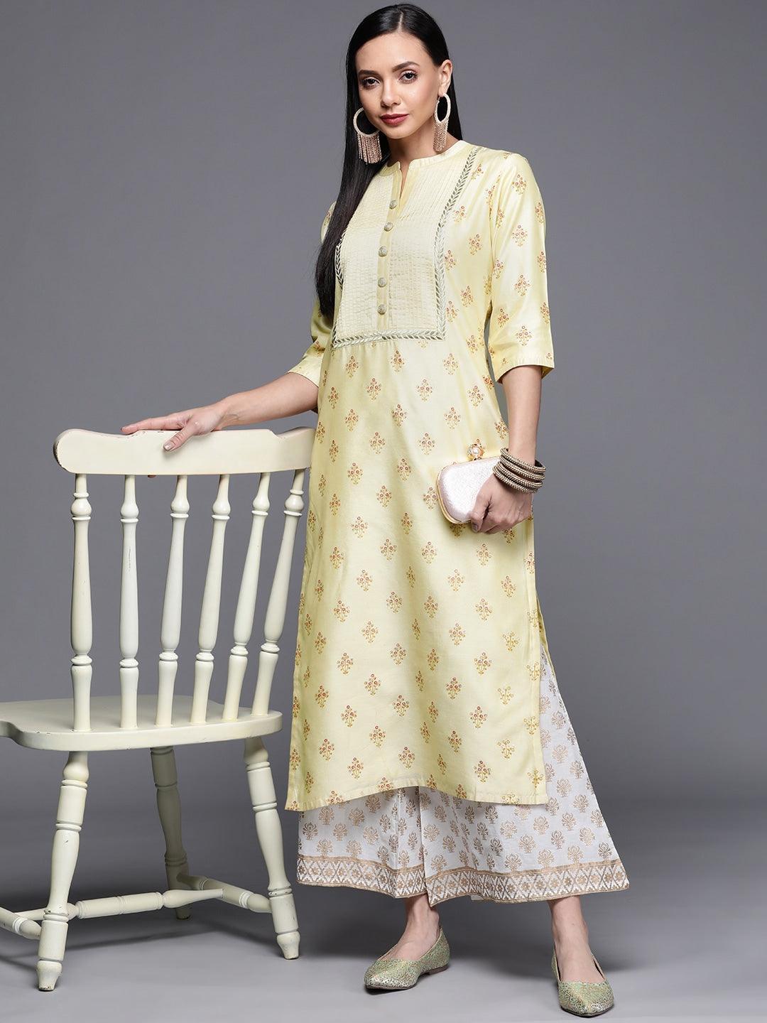 Yellow Printed Chanderi Silk Kurta