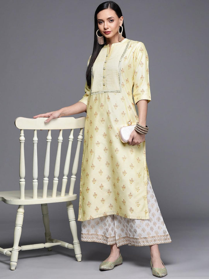 Yellow Printed Chanderi Silk Kurta - ShopLibas