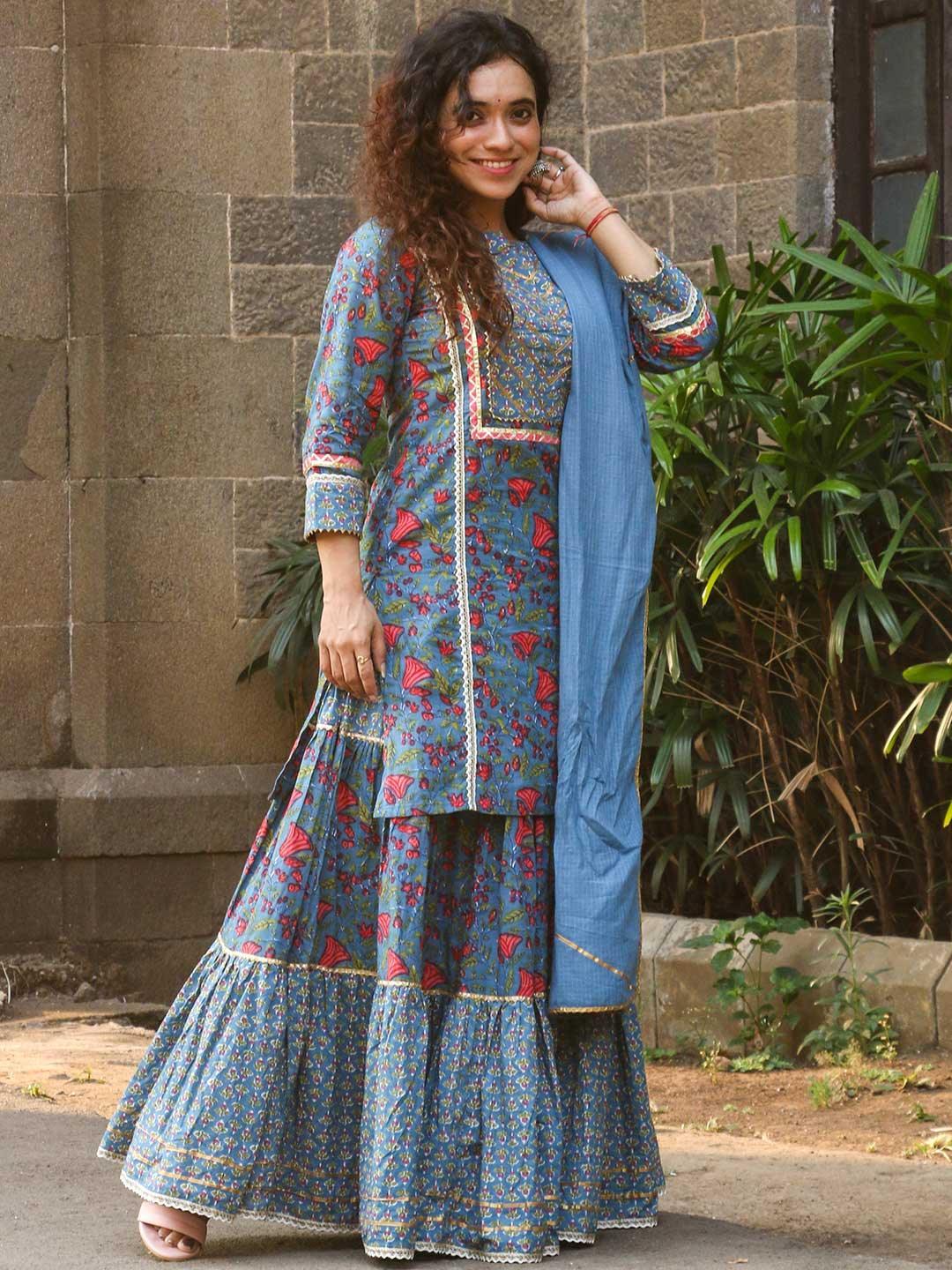 Blue Printed Cotton Suit Set - ShopLibas