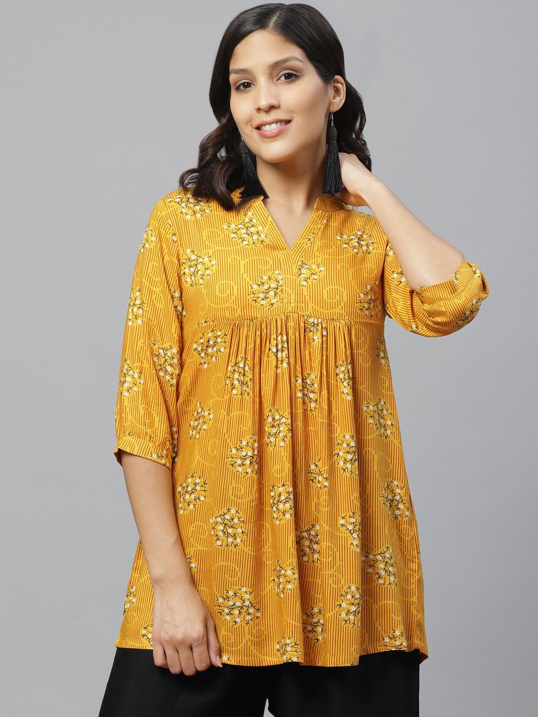 Yellow Printed Rayon Kurti