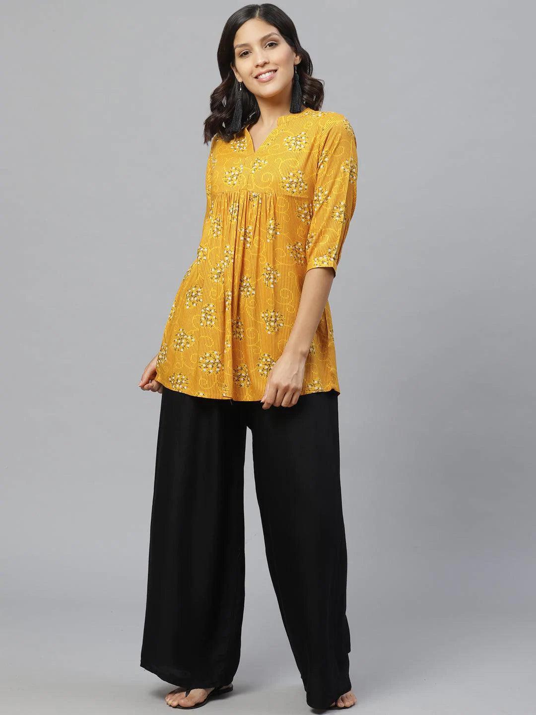 Yellow Printed Rayon Kurti