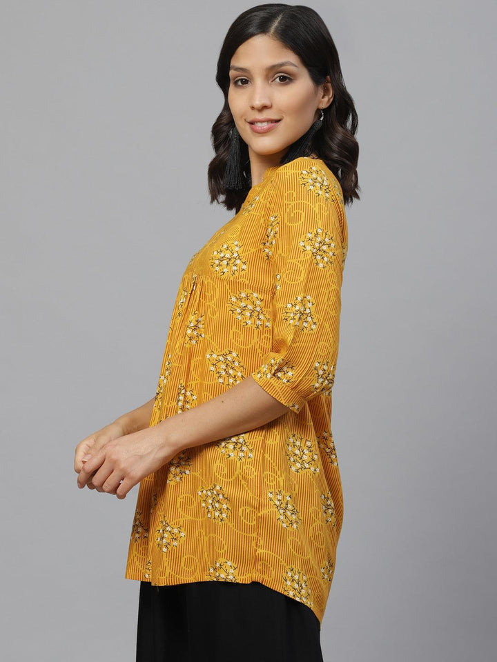 Yellow Printed Rayon Kurti - ShopLibas