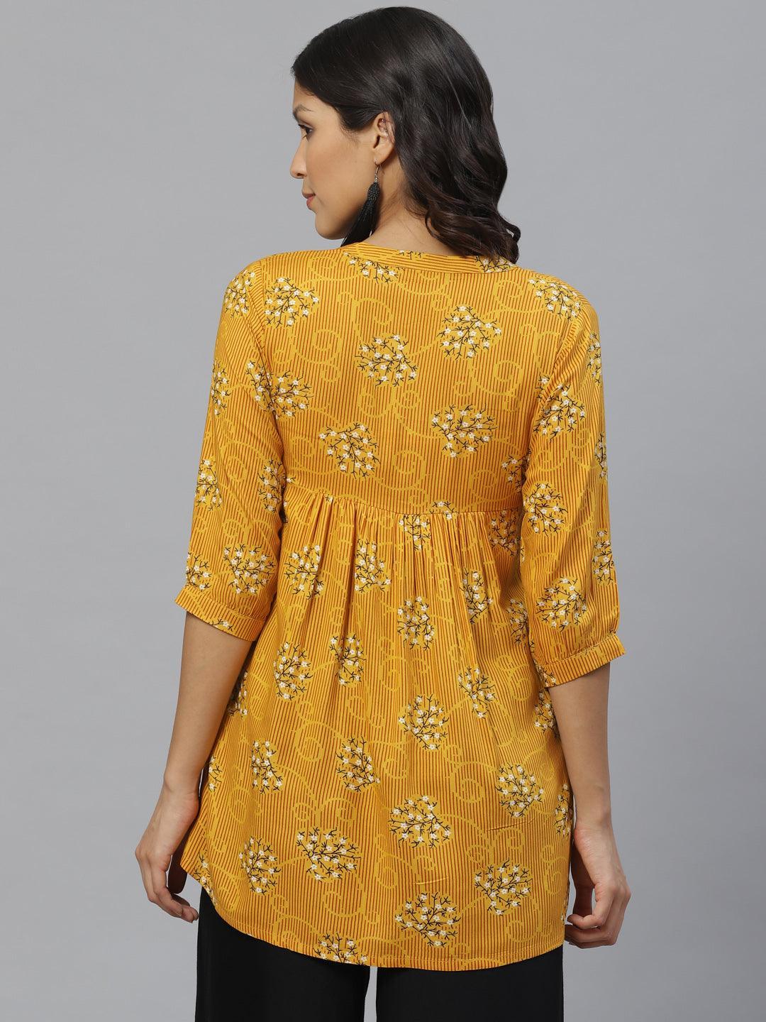 Yellow Printed Rayon Kurti