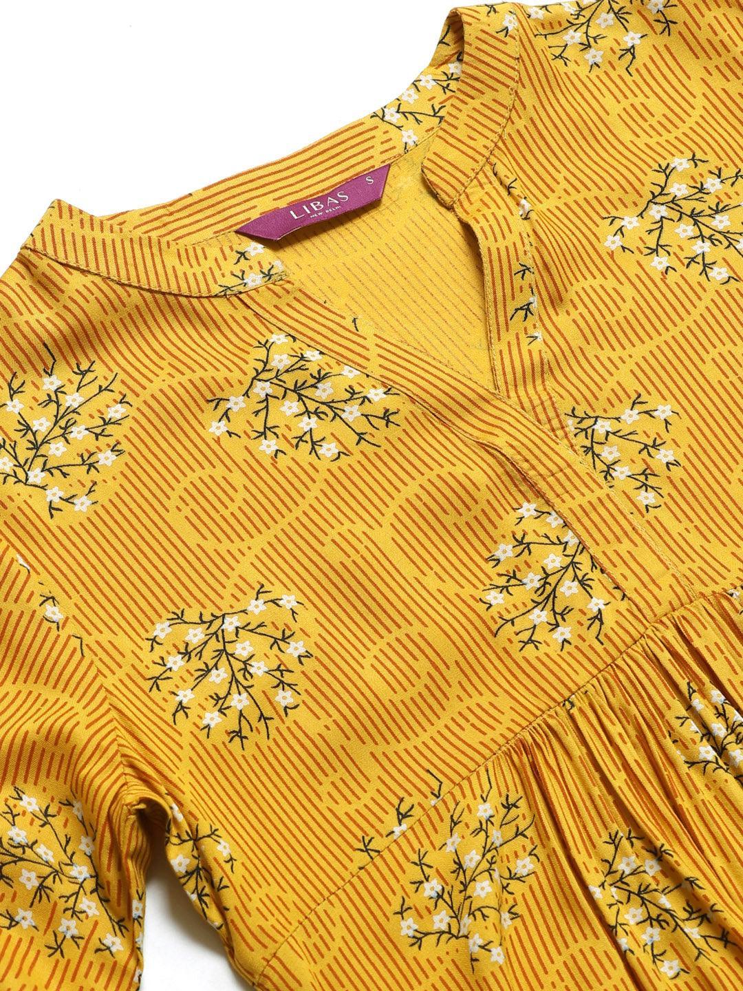 Yellow Printed Rayon Kurti