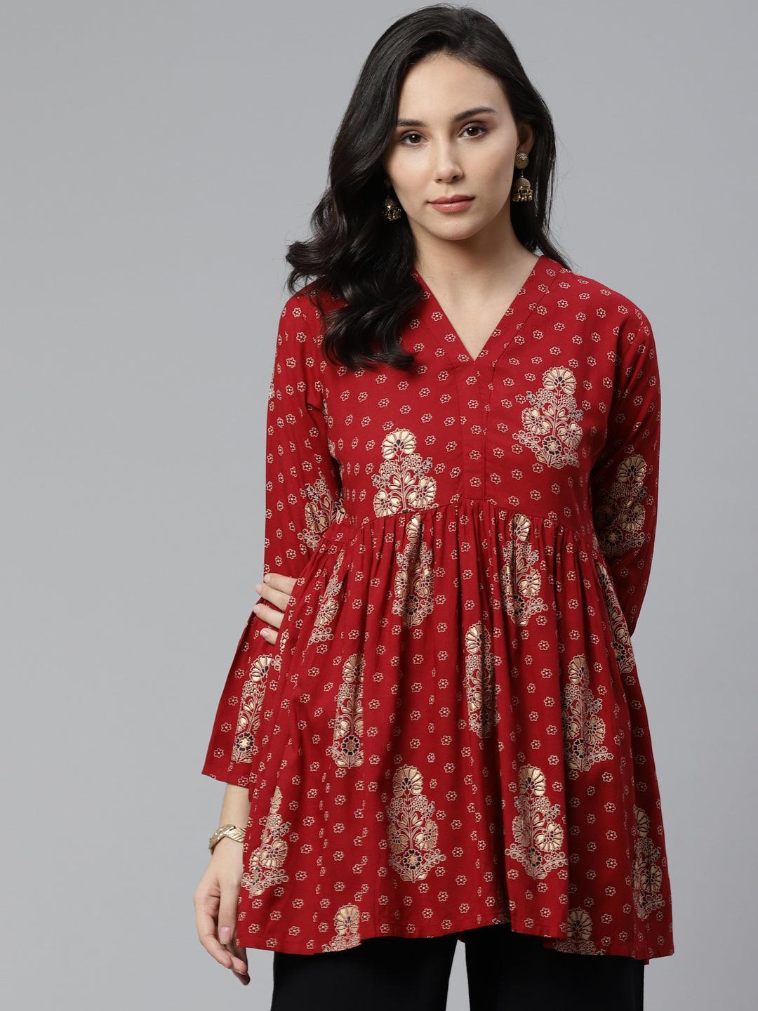 Maroon Printed Rayon Kurti - ShopLibas