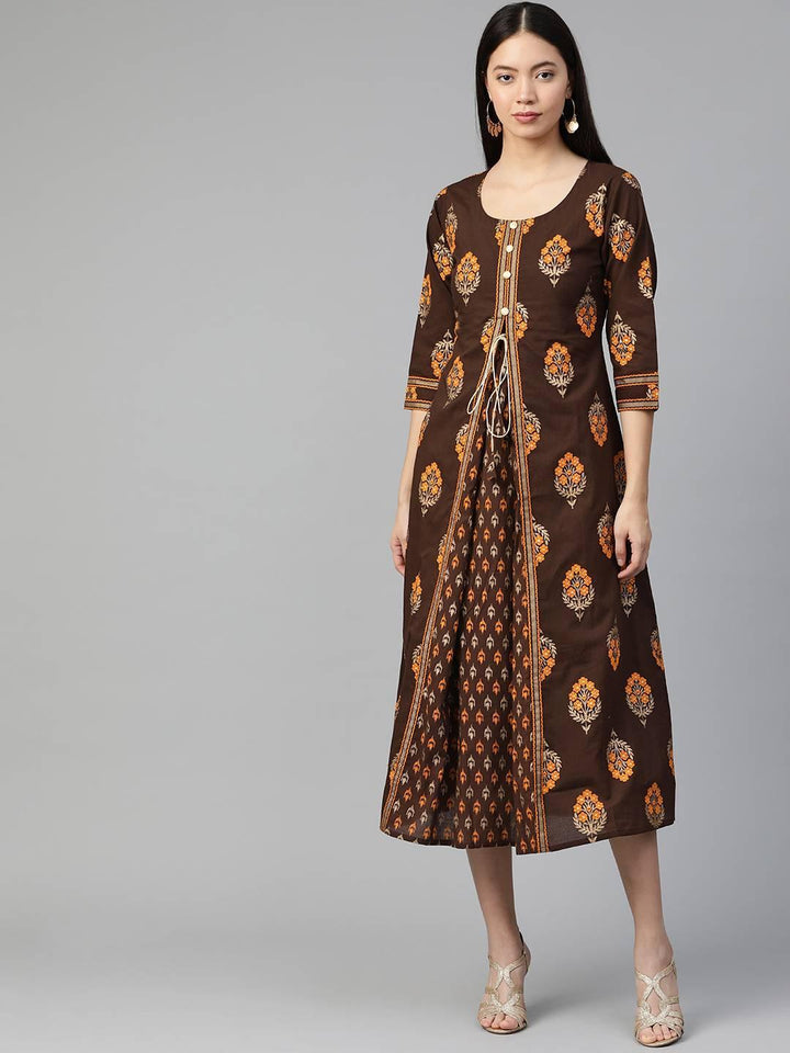 Brown Printed Cotton Dress - ShopLibas