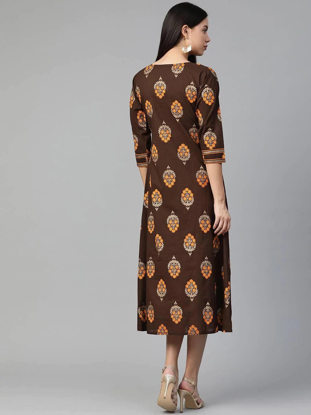 Brown Printed Cotton Dress - ShopLibas