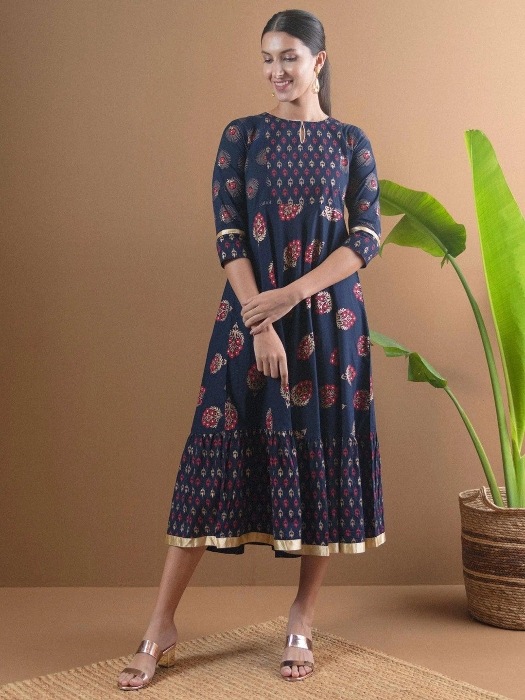 Navy Blue Printed Cotton Dress With Mask - ShopLibas