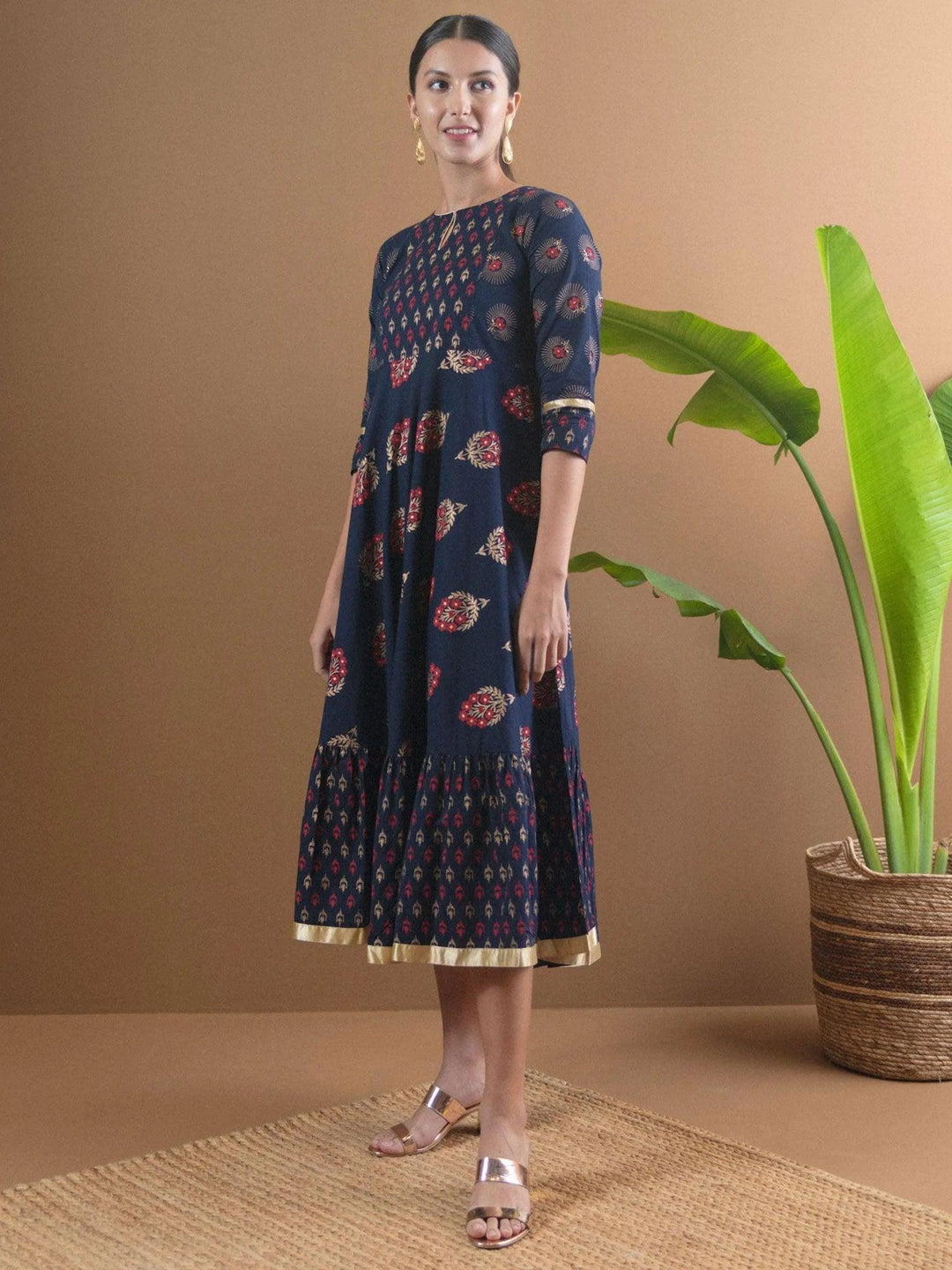 Navy Blue Printed Cotton Dress With Mask - ShopLibas