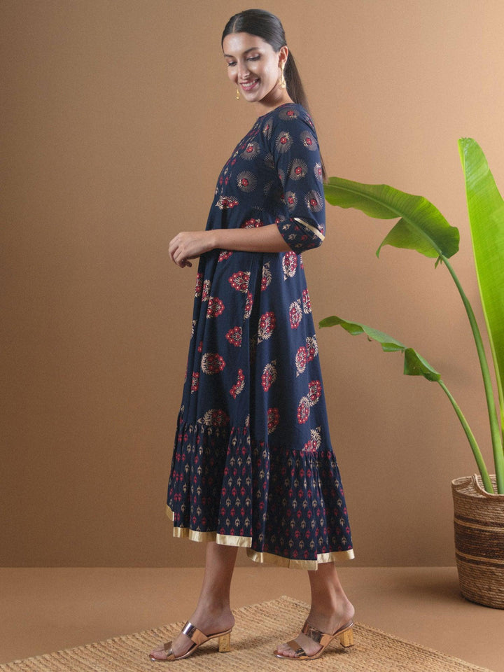 Navy Blue Printed Cotton Dress With Mask - ShopLibas