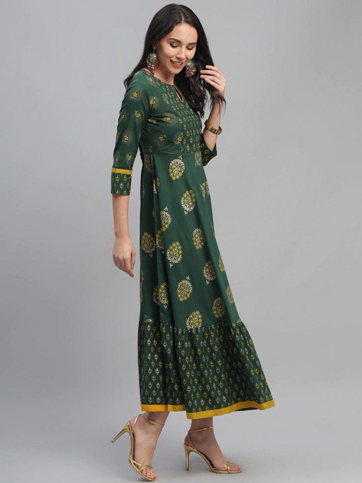 Green Printed Cotton Dress - ShopLibas