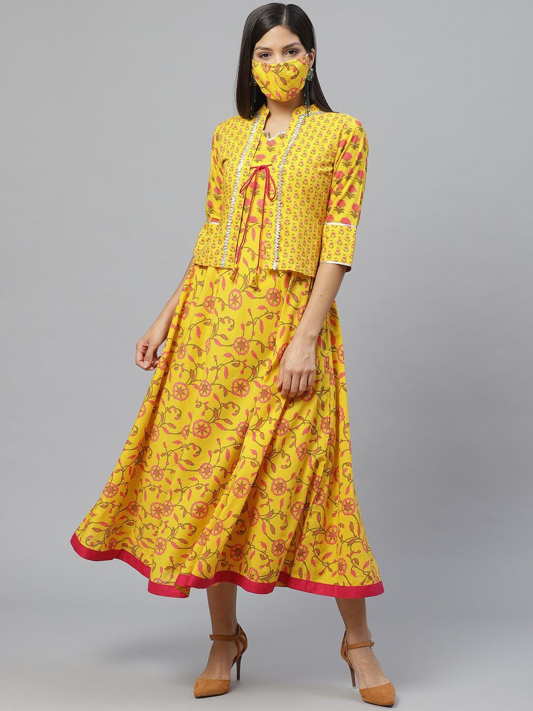 Yellow Printed Cotton Jacket Dress With Mask