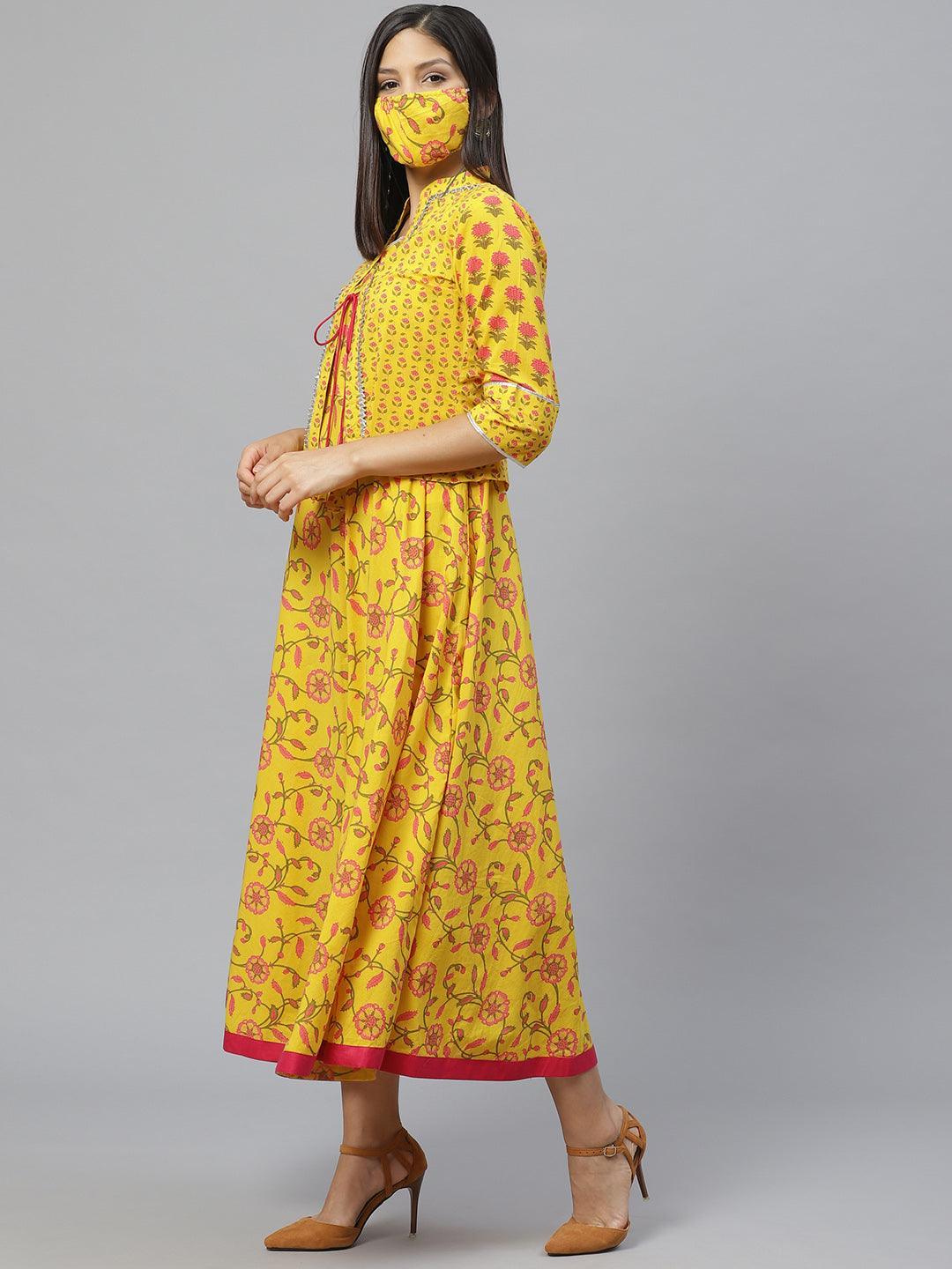 Yellow Printed Cotton Jacket Dress With Mask