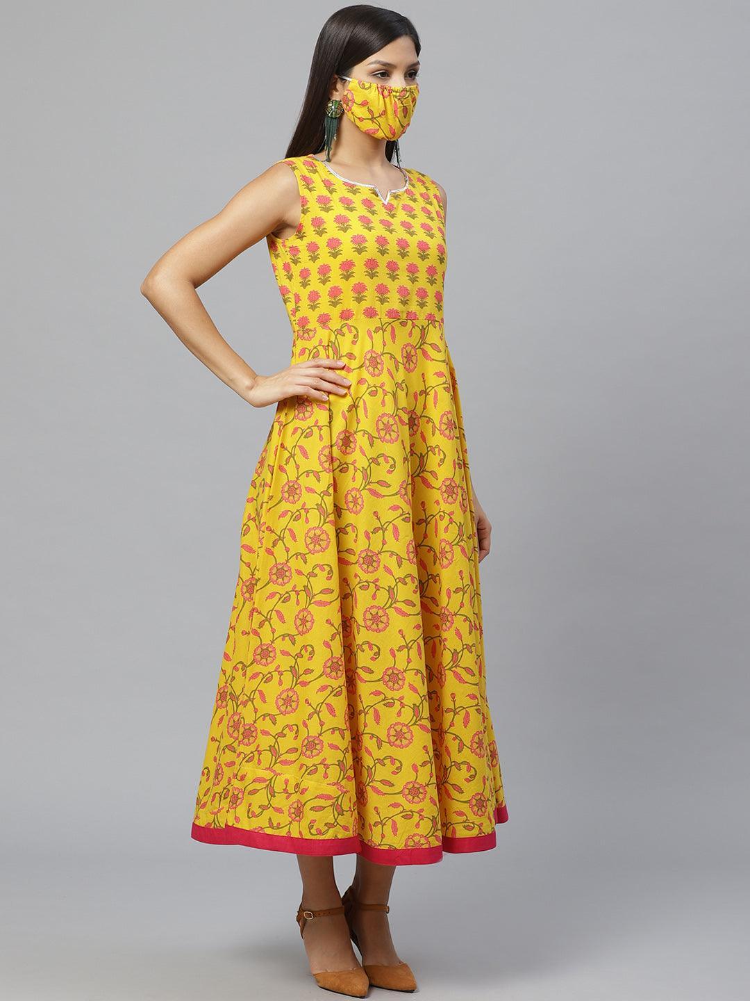 Yellow Printed Cotton Jacket Dress With Mask - ShopLibas