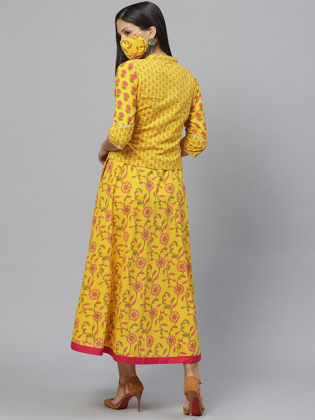 Yellow Printed Cotton Jacket Dress With Mask