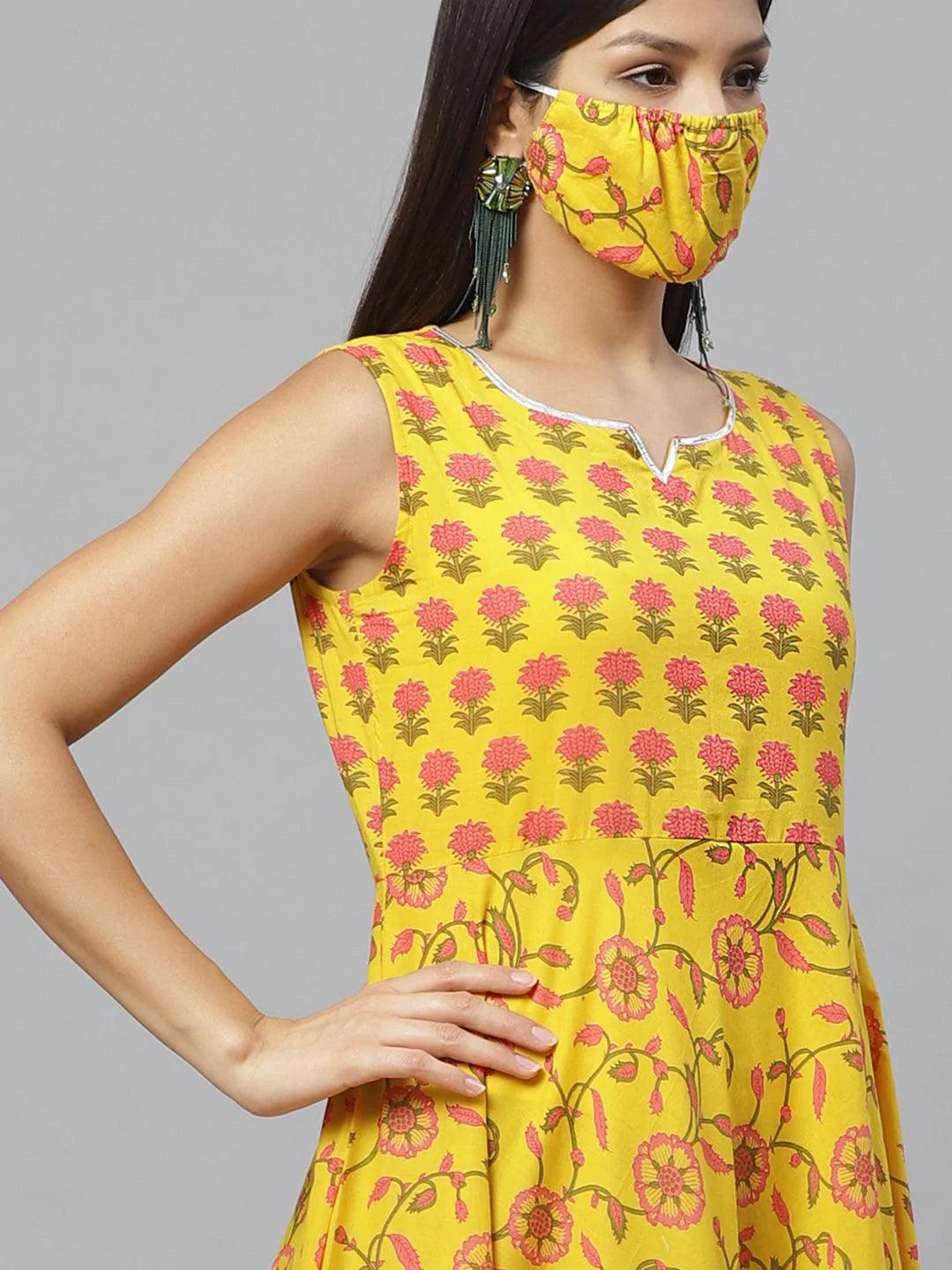 Yellow Printed Cotton Jacket Dress With Mask