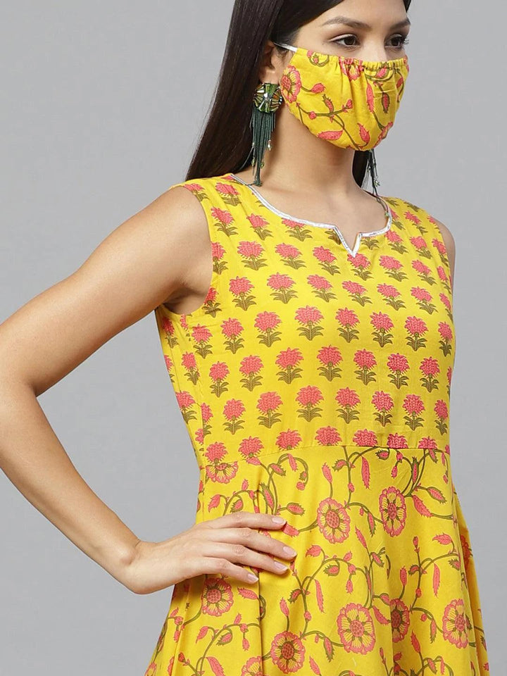 Yellow Printed Cotton Jacket Dress With Mask - ShopLibas