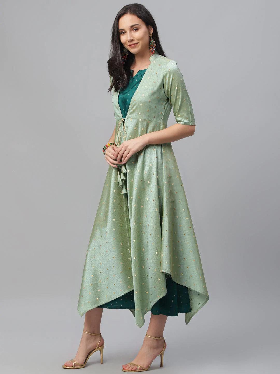 Green Self Design Chanderi Dress With Shrug