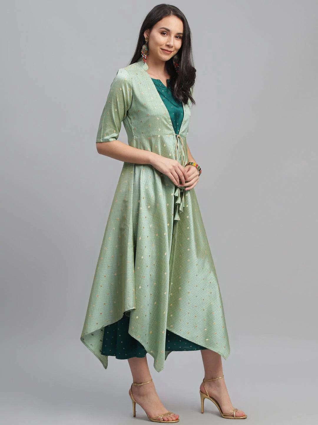 Green Self Design Chanderi Dress With Shrug