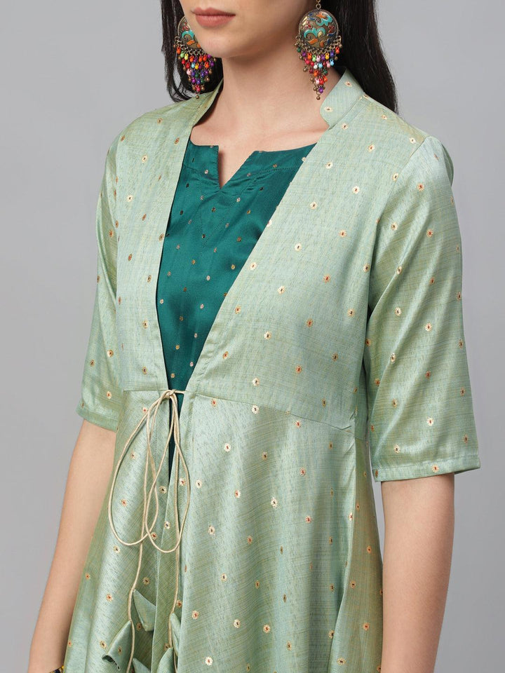 Green Self Design Chanderi Dress With Shrug - ShopLibas