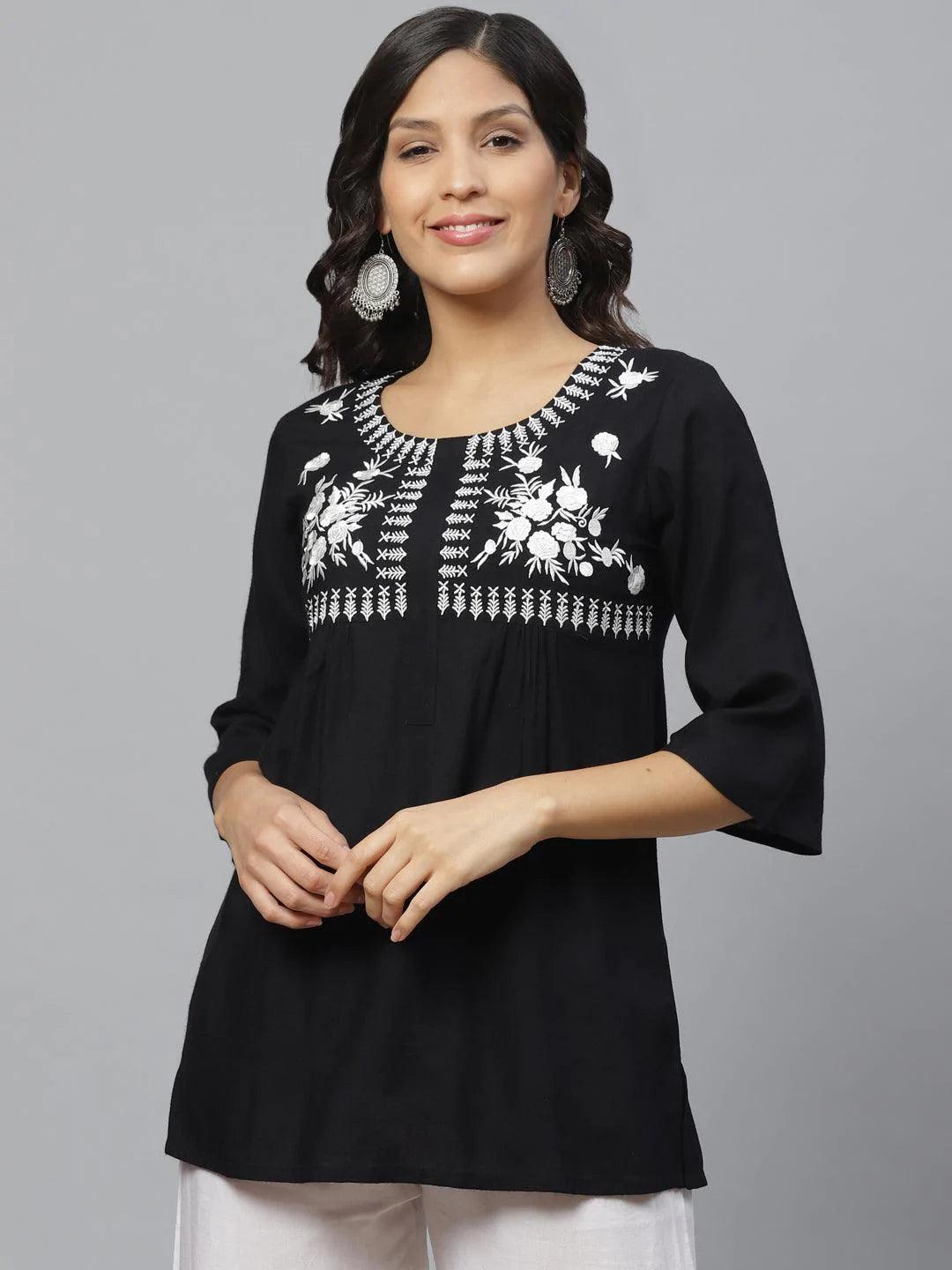 Black Embroidered Rayon Kurti