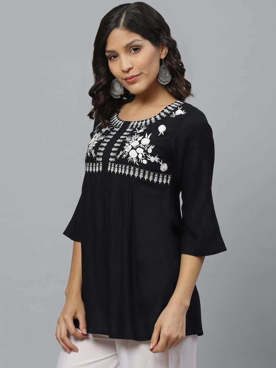 Black Embroidered Rayon Kurti