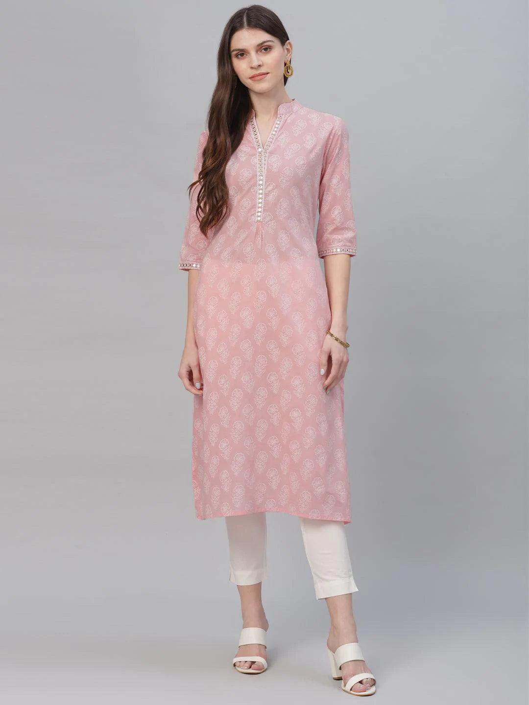 Pink Printed Cotton Kurta