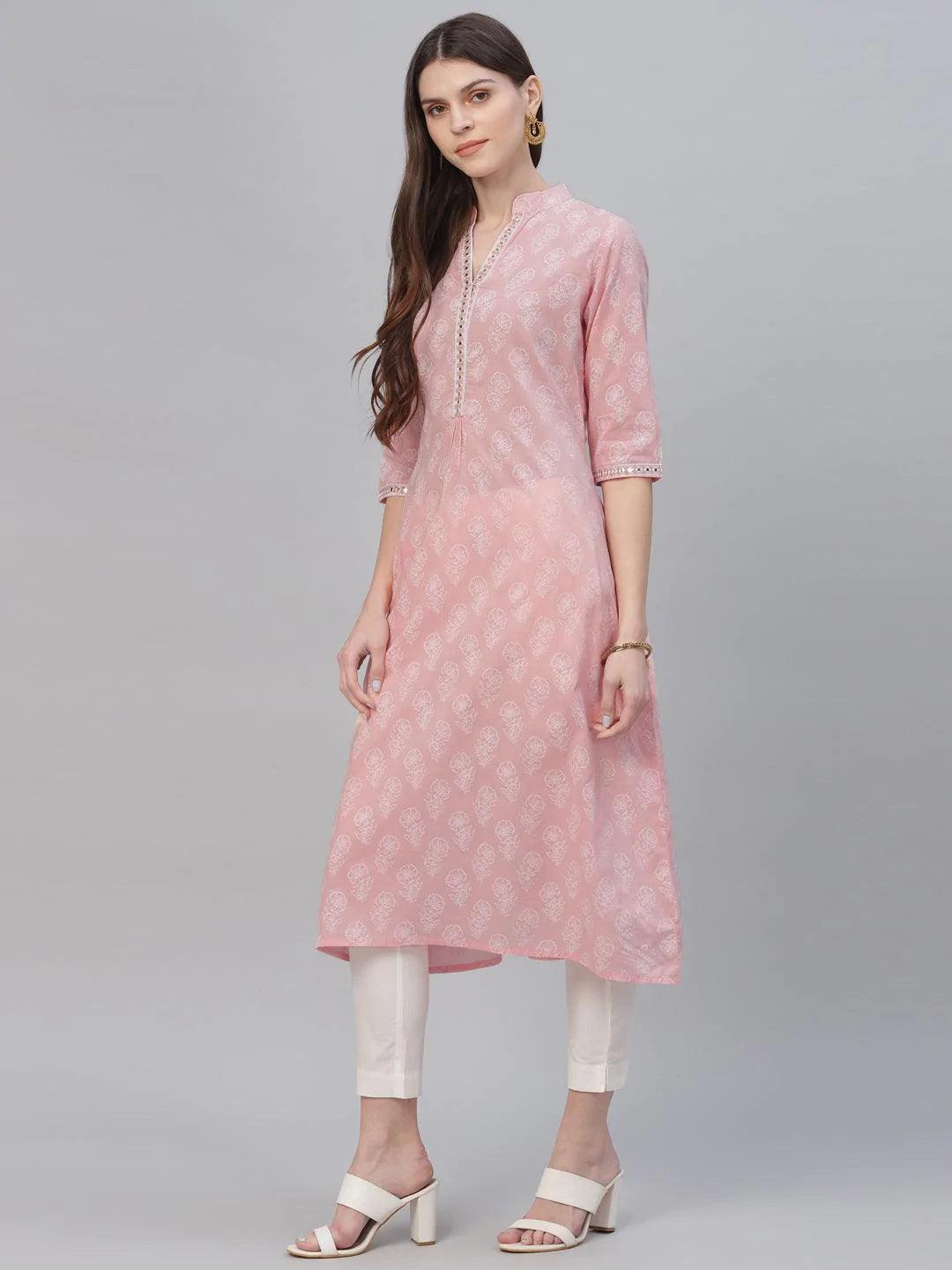 Pink Printed Cotton Kurta